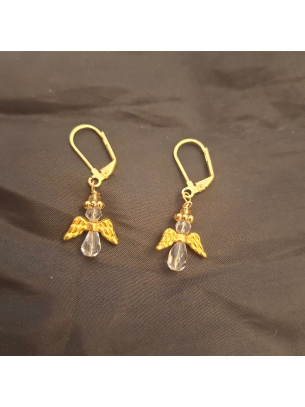 Crystal Angel Earrings Gold Tone Leverback Dangle Clear Bead Celestial Holiday